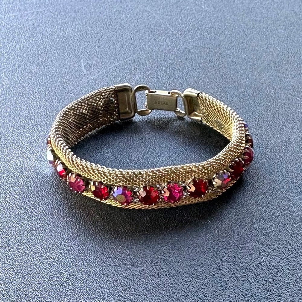 Vintage Weiss Gold Tone Mesh Bracelet Red Pink Aurora Borealis Rhinestone MCM